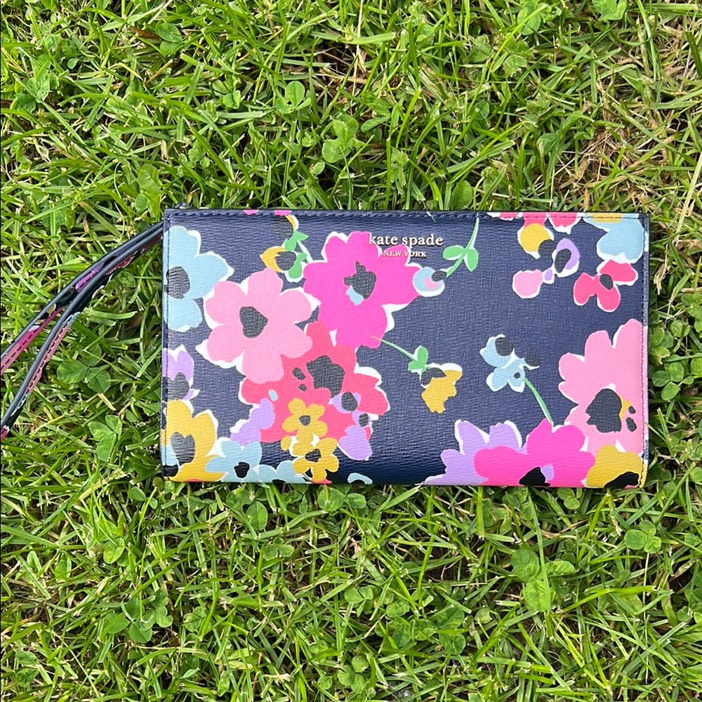 kate spade Navy Floral Wristlet Wallet with Pink, Yellow & Light Blue Flowers